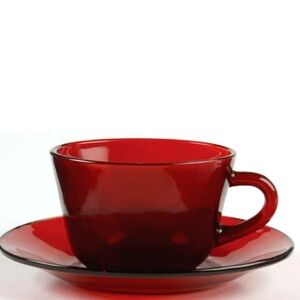 Vintage Cafe Ruby Blood Red Glass Cup and Saucer Set Tea Coffee Anchor Hocking